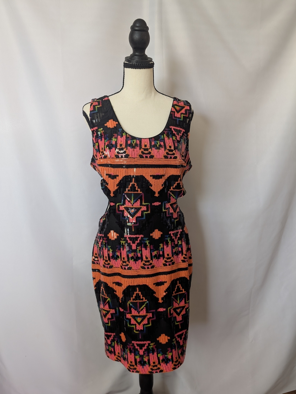 Black Multicolor Tribal Beaded Print Cutout Sleeveless Sheath Dress Size 12